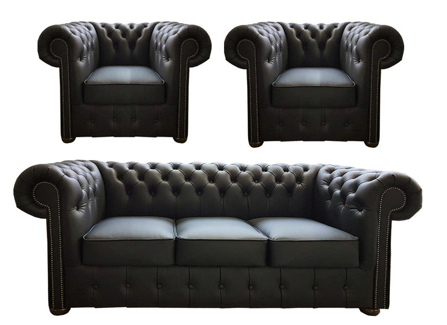 Chesterfield Klassik Ledergarnitur 3+1+1 schwarz (K70)