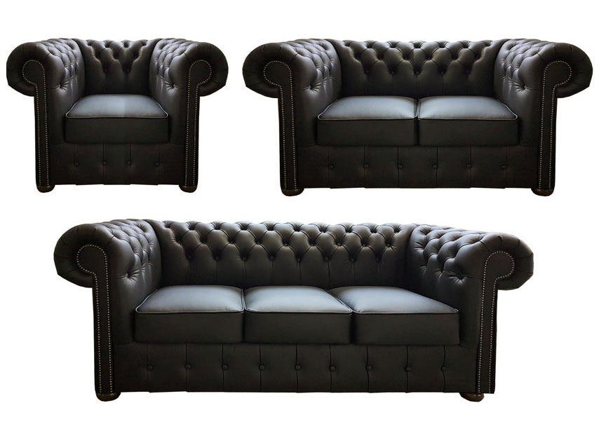 Chesterfield Klassik Ledergarnitur 3+2+1 Schwarz (K70)