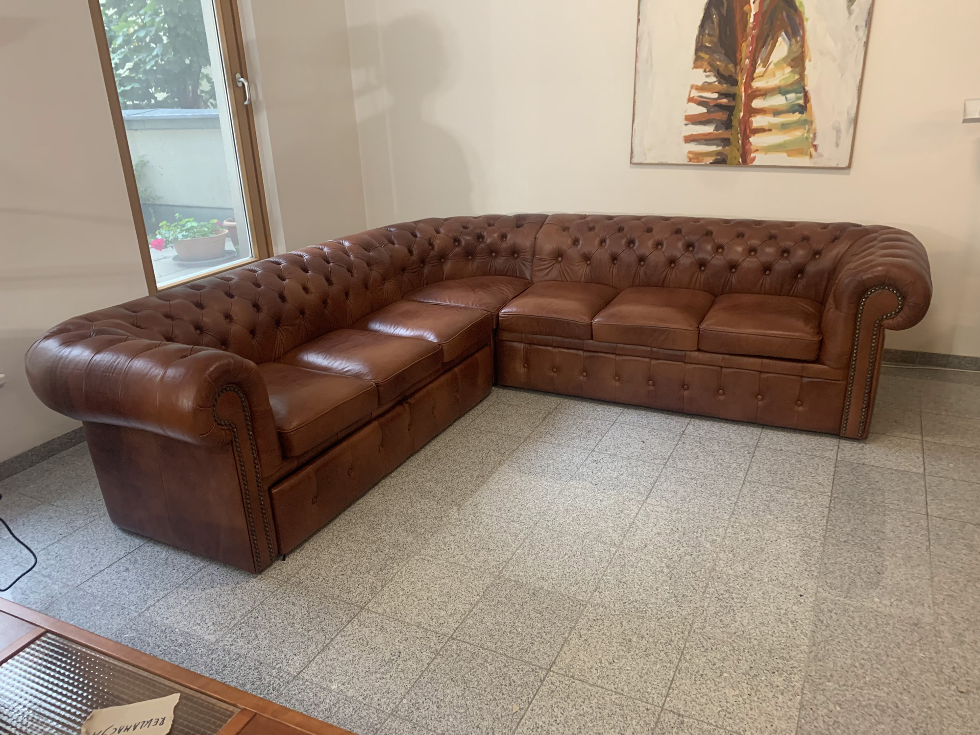 10% Chesterfield Klassik Ecksofa 3+3 mit Schlaffunktion, cognac