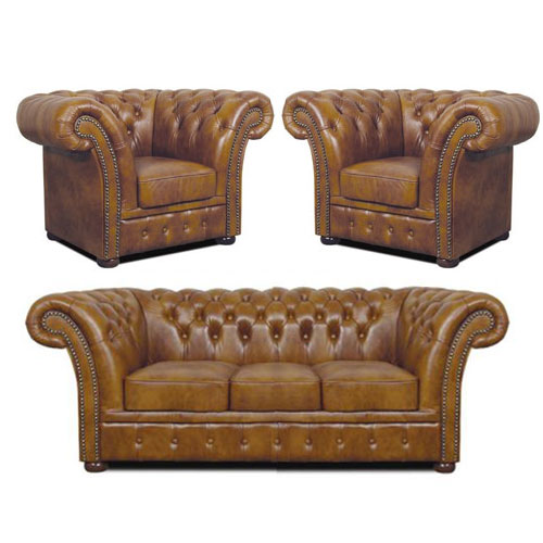 Chesterfield Windchester leder Sitzgarnitur 3+1+1 Antikgold (S12